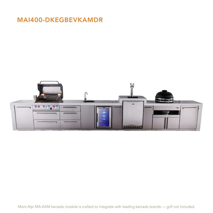 Mont Alpi Mont Alpi 4 Burner Deluxe Sereies Outdoor Kitchen Island with Beverage Center, Kegerator, Kamado Module, and Extra Storage Drawer Slides MAi400-DKEGBEVKAMDR Barbecue Finished - Gas