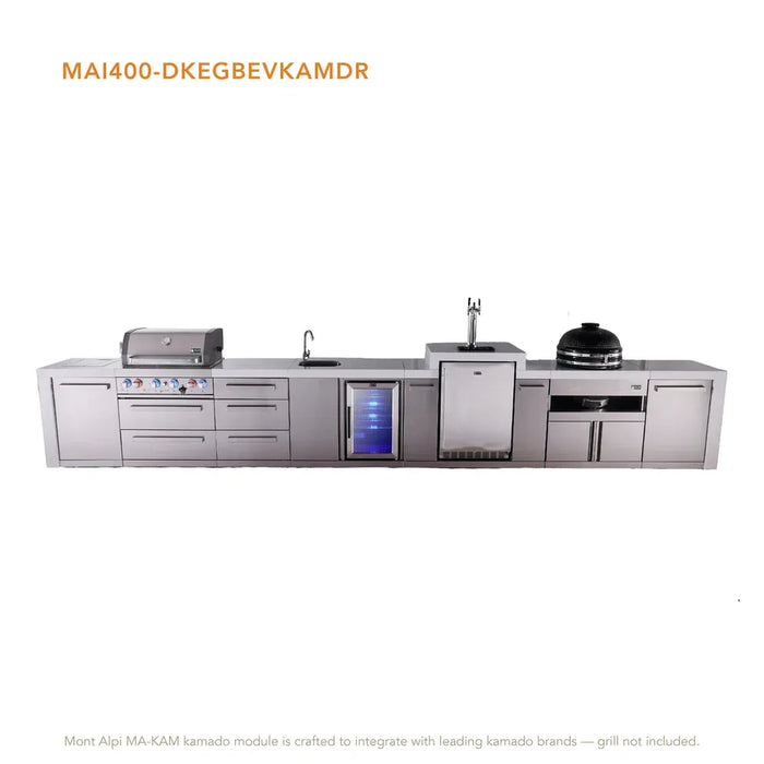Mont Alpi Mont Alpi 4 Burner Deluxe Sereies Outdoor Kitchen Island with Beverage Center, Kegerator, Kamado Module, and Extra Storage Drawer Slides MAi400-DKEGBEVKAMDR Barbecue Finished - Gas