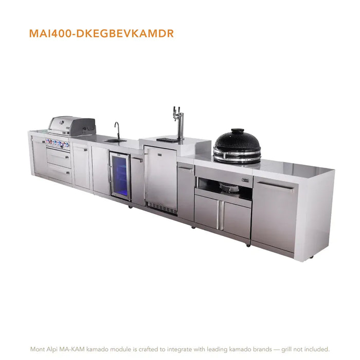 Mont Alpi Mont Alpi 4 Burner Deluxe Sereies Outdoor Kitchen Island with Beverage Center, Kegerator, Kamado Module, and Extra Storage Drawer Slides MAi400-DKEGBEVKAMDR Barbecue Finished - Gas