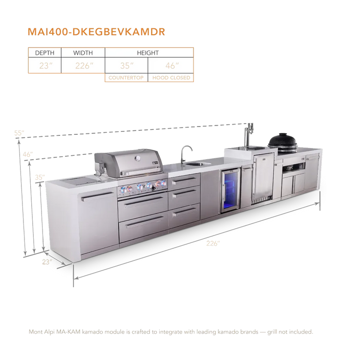 Mont Alpi Mont Alpi 4 Burner Deluxe Sereies Outdoor Kitchen Island with Beverage Center, Kegerator, Kamado Module, and Extra Storage Drawer Slides MAi400-DKEGBEVKAMDR Barbecue Finished - Gas