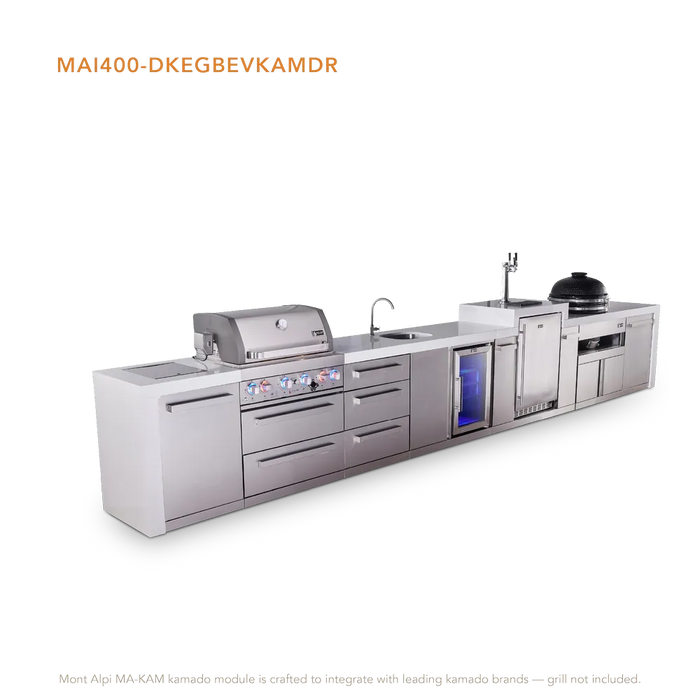 Mont Alpi Mont Alpi 4 Burner Deluxe Sereies Outdoor Kitchen Island with Beverage Center, Kegerator, Kamado Module, and Extra Storage Drawer Slides MAi400-DKEGBEVKAMDR Barbecue Finished - Gas