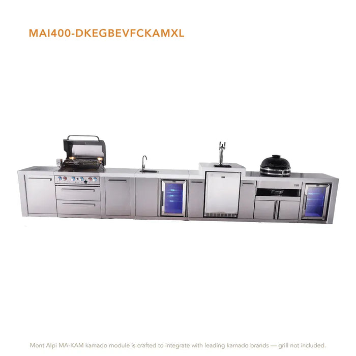 Mont Alpi Mont Alpi 4 Burner Deluxe Sereies Outdoor Kitchen Island with Beverage Center, Kegerator, Kamado Module, Corner Fridge, and Extra Storage Cabinet MAi400-DKEGBEVFCKAMXL Barbecue Finished - Gas