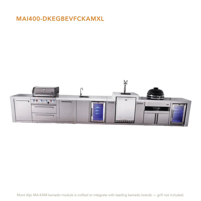Mont Alpi Mont Alpi 4 Burner Deluxe Sereies Outdoor Kitchen Island with Beverage Center, Kegerator, Kamado Module, Corner Fridge, and Extra Storage Cabinet MAi400-DKEGBEVFCKAMXL Barbecue Finished - Gas