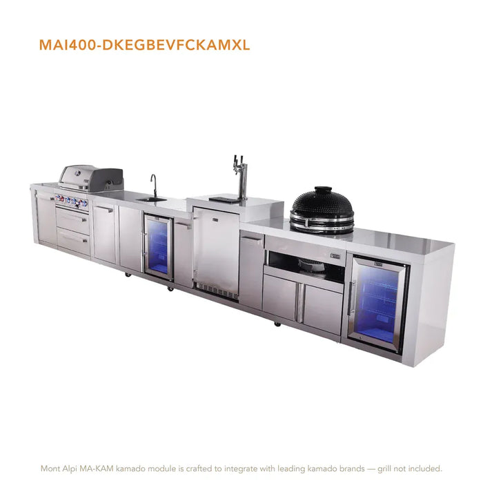 Mont Alpi Mont Alpi 4 Burner Deluxe Sereies Outdoor Kitchen Island with Beverage Center, Kegerator, Kamado Module, Corner Fridge, and Extra Storage Cabinet MAi400-DKEGBEVFCKAMXL Barbecue Finished - Gas