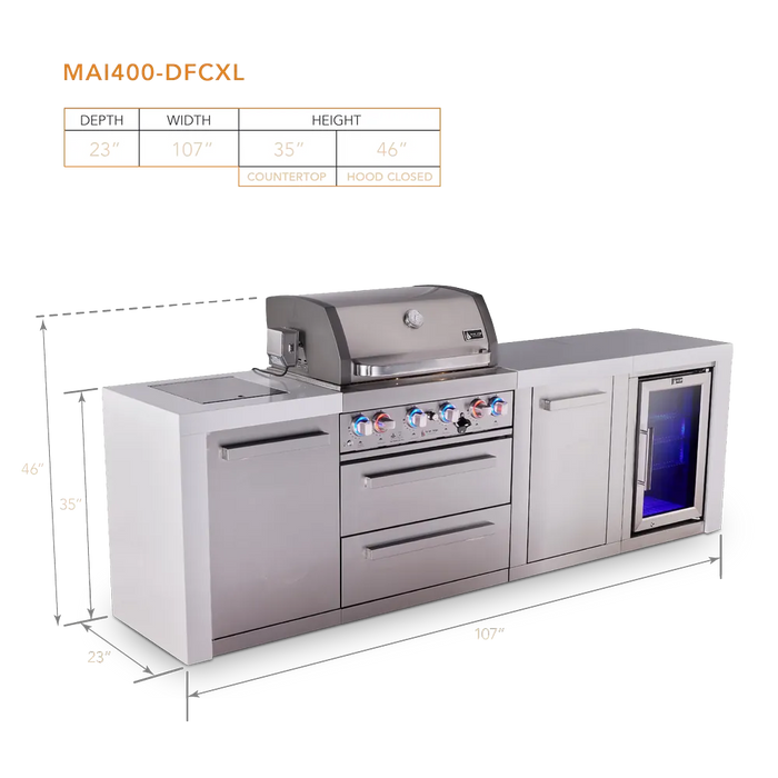 Mont Alpi Mont Alpi 4 Burner Deluxe Sereies Outdoor Kitchen Island with Fridge and Extra Storage Cabinet MAi400-DFCXL Barbecue Finished - Gas