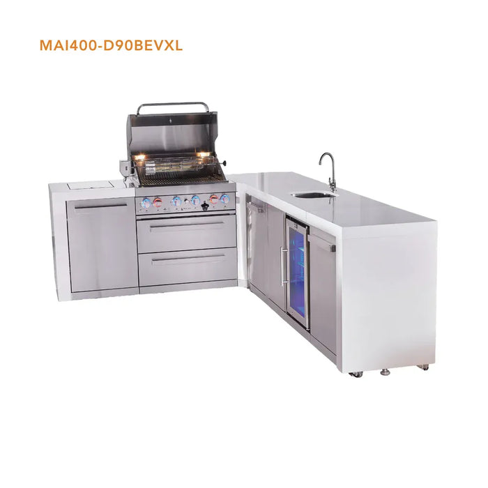 Mont Alpi Mont Alpi 4 Burner L-Shaped Deluxe Series Outdoor Kitchen Island with a Beverage Center and Extra Storage Cabinet MAi400-D90BEVXL Barbecue Finished - Gas