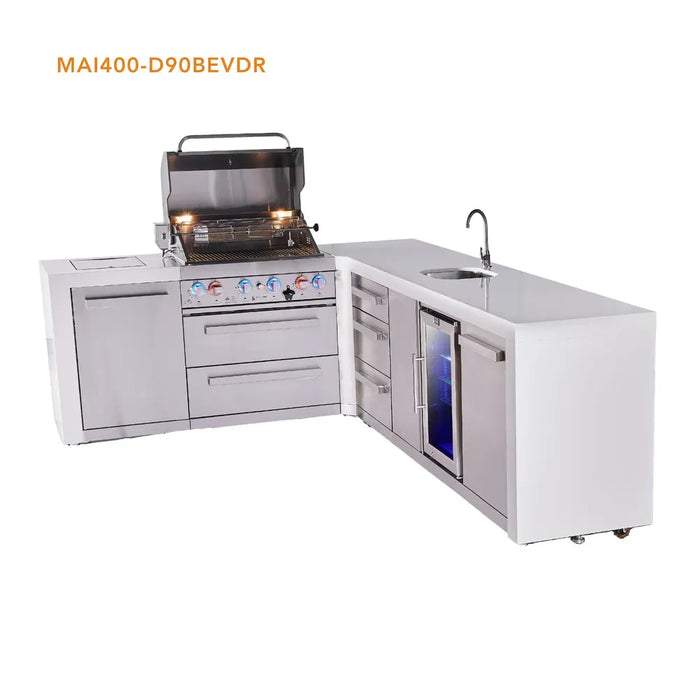 Mont Alpi Mont Alpi 4 Burner L-Shaped Deluxe Series Outdoor Kitchen Island with a Beverage Center and Extra Storage Drawers Slides Cabinet MAi400-D90BEVDR Barbecue Finished - Gas