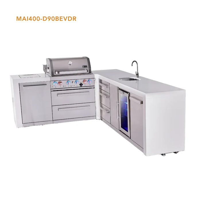 Mont Alpi Mont Alpi 4 Burner L-Shaped Deluxe Series Outdoor Kitchen Island with a Beverage Center and Extra Storage Drawers Slides Cabinet MAi400-D90BEVDR Barbecue Finished - Gas