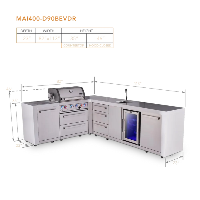 Mont Alpi Mont Alpi 4 Burner L-Shaped Deluxe Series Outdoor Kitchen Island with a Beverage Center and Extra Storage Drawers Slides Cabinet MAi400-D90BEVDR Barbecue Finished - Gas