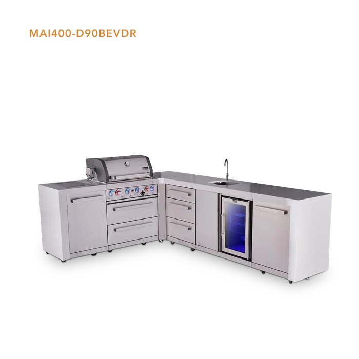 Mont Alpi Mont Alpi 4 Burner L-Shaped Deluxe Series Outdoor Kitchen Island with a Beverage Center and Extra Storage Drawers Slides Cabinet MAi400-D90BEVDR Barbecue Finished - Gas