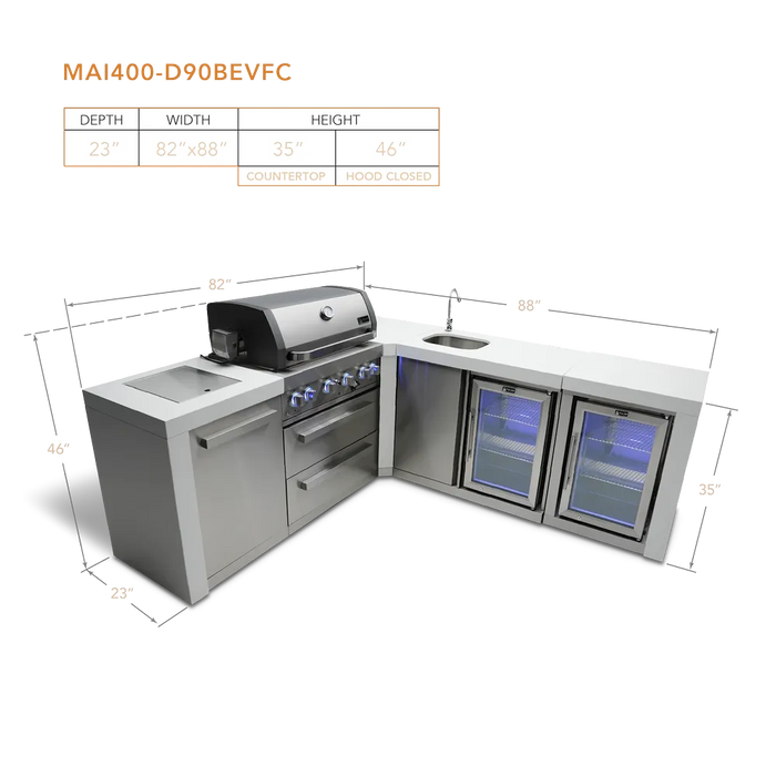 Mont Alpi Mont Alpi 4 Burner L-Shaped Deluxe Series Outdoor Kitchen Island with a Beverage Center and Fridge Cabinet MAi400-D90BEVFC Barbecue Finished - Gas