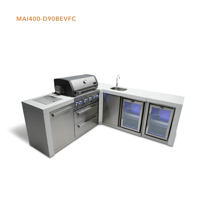 Mont Alpi Mont Alpi 4 Burner L-Shaped Deluxe Series Outdoor Kitchen Island with a Beverage Center and Fridge Cabinet MAi400-D90BEVFC Barbecue Finished - Gas