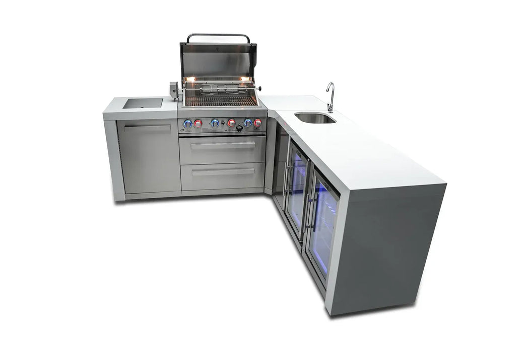 Mont Alpi Mont Alpi 4 Burner L-Shaped Deluxe Series Outdoor Kitchen Island with a Beverage Center and Fridge Cabinet MAi400-D90BEVFC Barbecue Finished - Gas