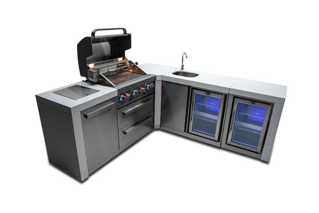 Mont Alpi Mont Alpi 4 Burner L-Shaped Deluxe Series Outdoor Kitchen Island with a Beverage Center and Fridge Cabinet MAi400-D90BEVFC Barbecue Finished - Gas