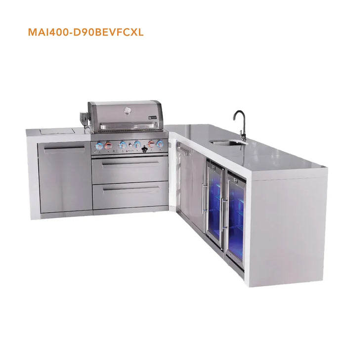 Mont Alpi Mont Alpi 4 Burner L-Shaped Deluxe Series Outdoor Kitchen Island with a Beverage Center, Corner Fridge, and Extra Storage Cabinet MAi400-D90BEVFCXL Barbecue Finished - Gas