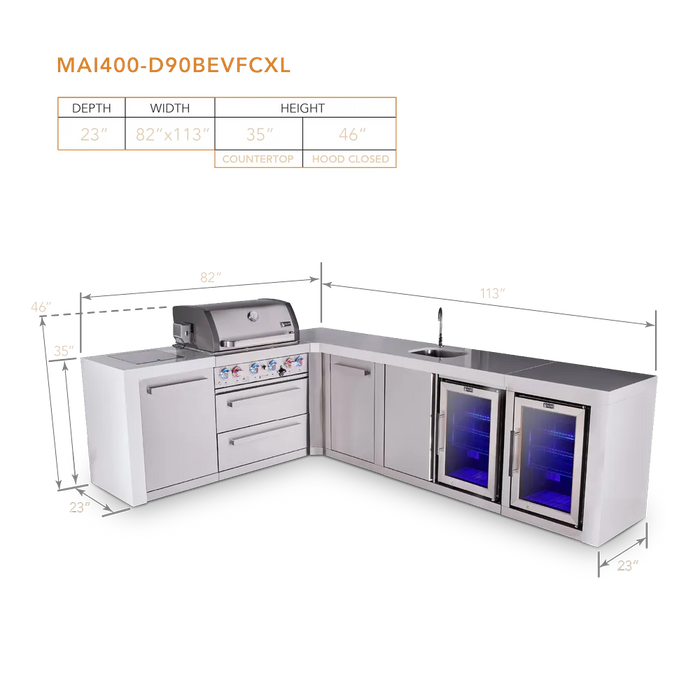 Mont Alpi Mont Alpi 4 Burner L-Shaped Deluxe Series Outdoor Kitchen Island with a Beverage Center, Corner Fridge, and Extra Storage Cabinet MAi400-D90BEVFCXL Barbecue Finished - Gas