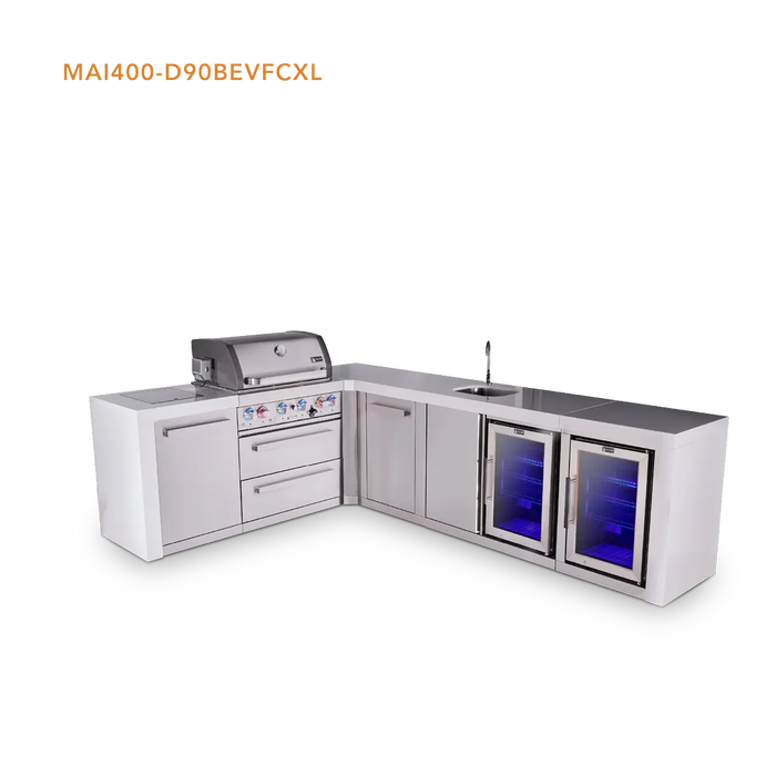 Mont Alpi Mont Alpi 4 Burner L-Shaped Deluxe Series Outdoor Kitchen Island with a Beverage Center, Corner Fridge, and Extra Storage Cabinet MAi400-D90BEVFCXL Barbecue Finished - Gas