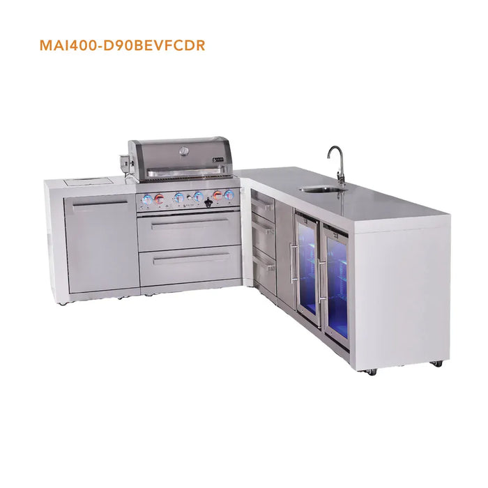 Mont Alpi Mont Alpi 4 Burner L-Shaped Deluxe Series Outdoor Kitchen Island with a Beverage Center, Corner Fridge, and Extra Storage Drawers Slides Cabinet MAi400-D90BEVFCDR Barbecue Finished - Gas