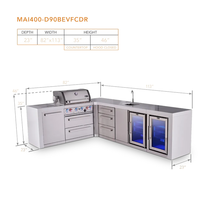 Mont Alpi Mont Alpi 4 Burner L-Shaped Deluxe Series Outdoor Kitchen Island with a Beverage Center, Corner Fridge, and Extra Storage Drawers Slides Cabinet MAi400-D90BEVFCDR Barbecue Finished - Gas