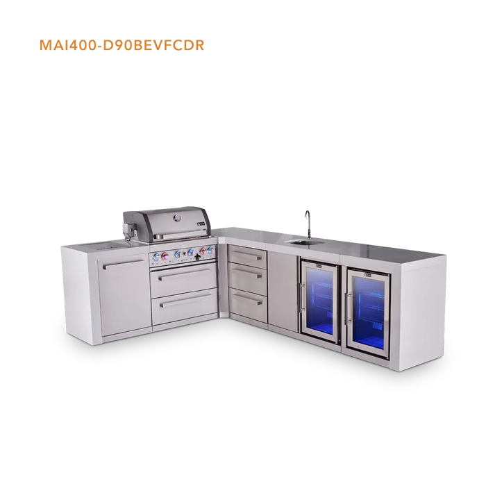 Mont Alpi Mont Alpi 4 Burner L-Shaped Deluxe Series Outdoor Kitchen Island with a Beverage Center, Corner Fridge, and Extra Storage Drawers Slides Cabinet MAi400-D90BEVFCDR Barbecue Finished - Gas