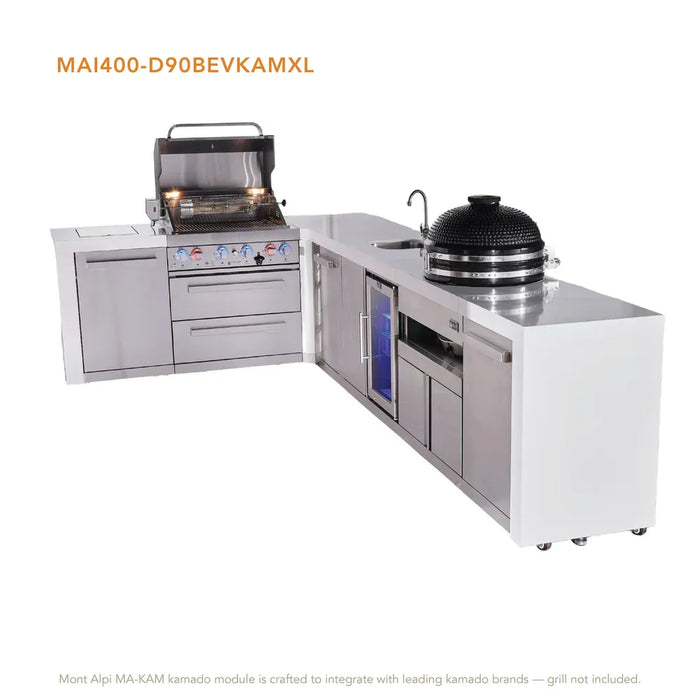 Mont Alpi Mont Alpi 4 Burner L-Shaped Deluxe Series Outdoor Kitchen Island with a Beverage Center, Kamado Module, and Extra Storage Cabinet MAi400-D90BEVKAMXL Barbecue Finished - Gas