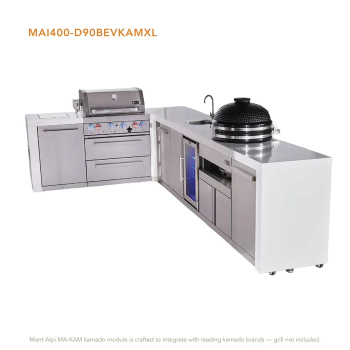 Mont Alpi Mont Alpi 4 Burner L-Shaped Deluxe Series Outdoor Kitchen Island with a Beverage Center, Kamado Module, and Extra Storage Cabinet MAi400-D90BEVKAMXL Barbecue Finished - Gas