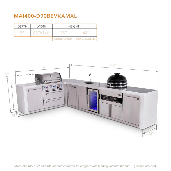 Mont Alpi Mont Alpi 4 Burner L-Shaped Deluxe Series Outdoor Kitchen Island with a Beverage Center, Kamado Module, and Extra Storage Cabinet MAi400-D90BEVKAMXL Barbecue Finished - Gas