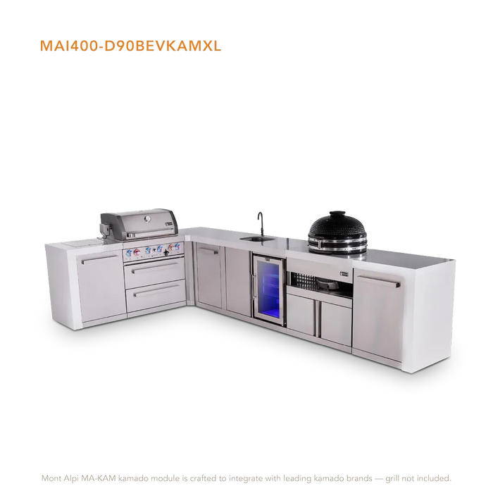 Mont Alpi Mont Alpi 4 Burner L-Shaped Deluxe Series Outdoor Kitchen Island with a Beverage Center, Kamado Module, and Extra Storage Cabinet MAi400-D90BEVKAMXL Barbecue Finished - Gas
