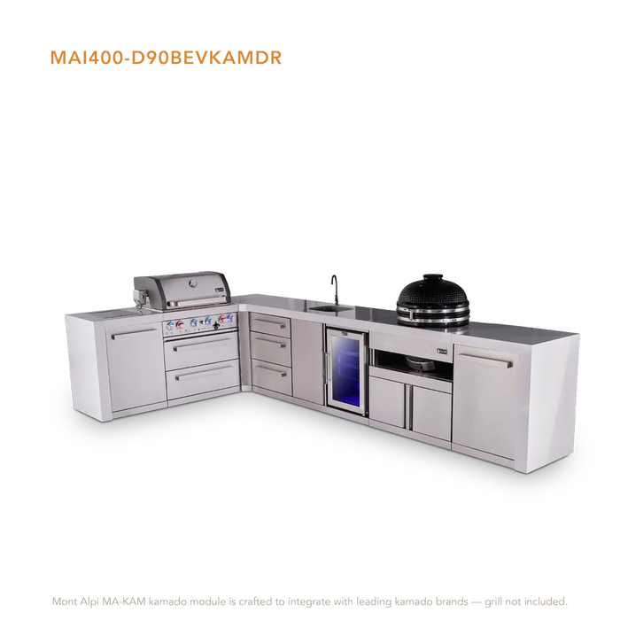 Mont Alpi Mont Alpi 4 Burner L-Shaped Deluxe Series Outdoor Kitchen Island with a Beverage Center, Kamado Module, and Extra Storage Drawers Slide Cabinet MAi400-D90BEVKAMDR Barbecue Finished - Gas