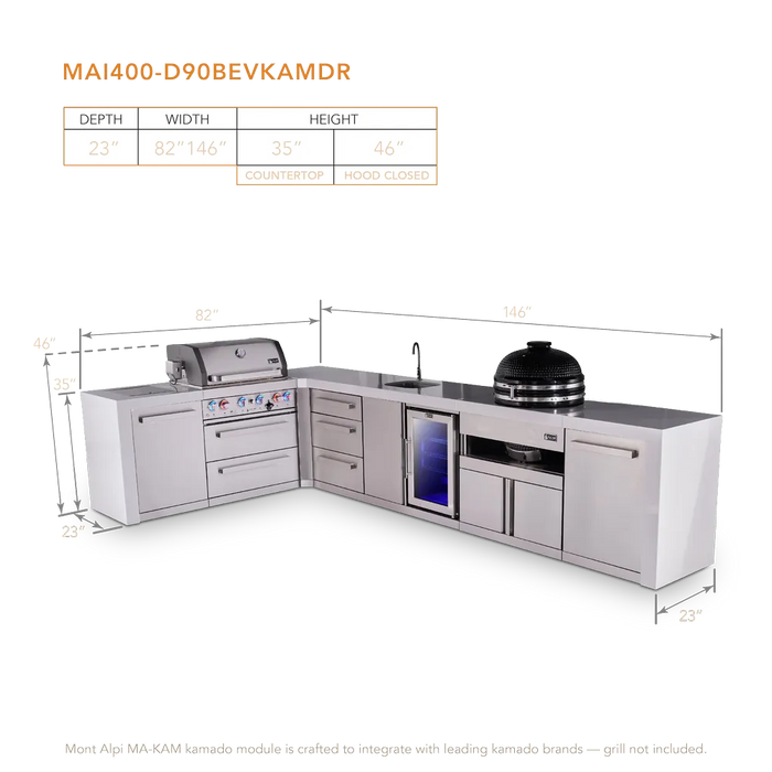 Mont Alpi Mont Alpi 4 Burner L-Shaped Deluxe Series Outdoor Kitchen Island with a Beverage Center, Kamado Module, and Extra Storage Drawers Slide Cabinet MAi400-D90BEVKAMDR Barbecue Finished - Gas