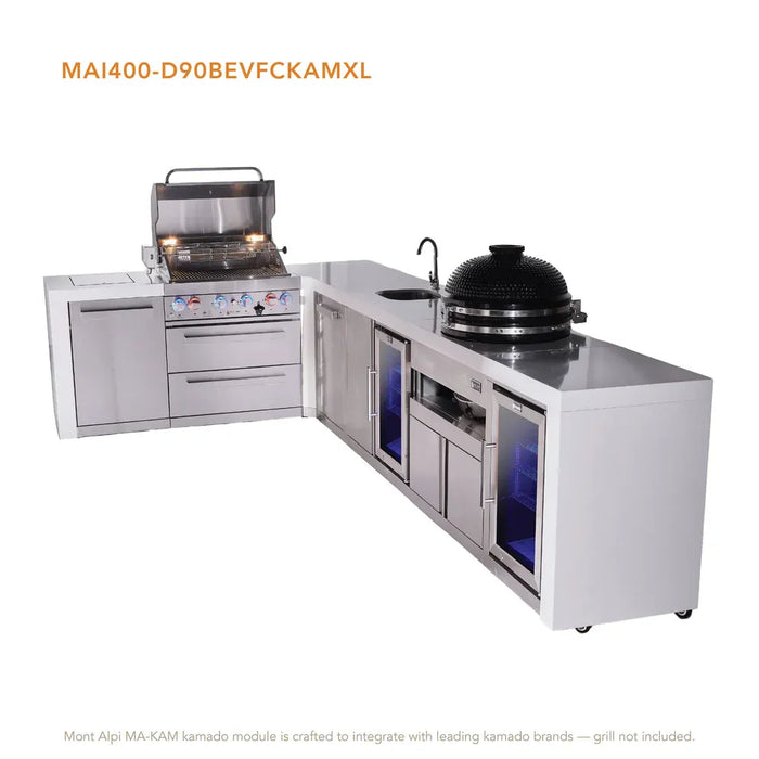 Mont Alpi Mont Alpi 4 Burner L-Shaped Deluxe Series Outdoor Kitchen Island with a Beverage Center, Kamado Module, Corner Fridge, and Extra Storage Cabinet MAi400-D90BEVFCKAMXL Barbecue Finished - Gas