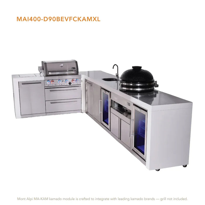 Mont Alpi Mont Alpi 4 Burner L-Shaped Deluxe Series Outdoor Kitchen Island with a Beverage Center, Kamado Module, Corner Fridge, and Extra Storage Cabinet MAi400-D90BEVFCKAMXL Barbecue Finished - Gas