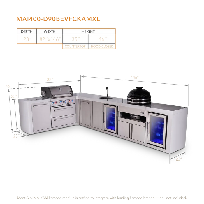 Mont Alpi Mont Alpi 4 Burner L-Shaped Deluxe Series Outdoor Kitchen Island with a Beverage Center, Kamado Module, Corner Fridge, and Extra Storage Cabinet MAi400-D90BEVFCKAMXL Barbecue Finished - Gas