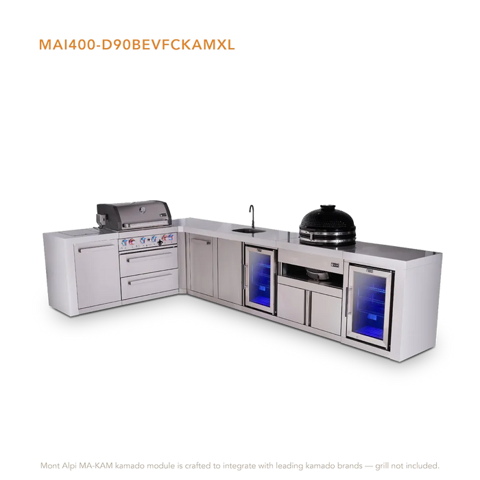 Mont Alpi Mont Alpi 4 Burner L-Shaped Deluxe Series Outdoor Kitchen Island with a Beverage Center, Kamado Module, Corner Fridge, and Extra Storage Cabinet MAi400-D90BEVFCKAMXL Barbecue Finished - Gas