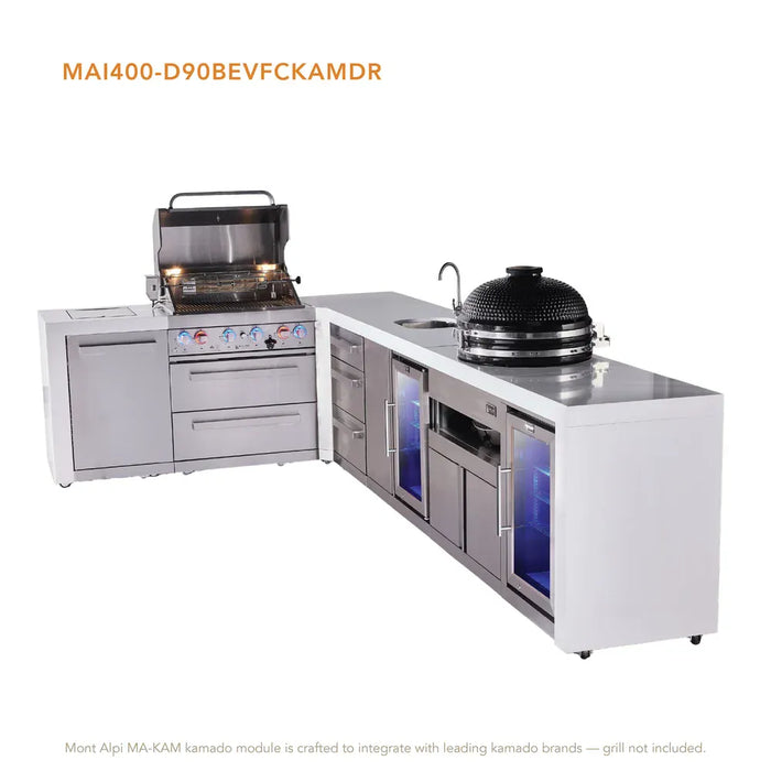 Mont Alpi Mont Alpi 4 Burner L-Shaped Deluxe Series Outdoor Kitchen Island with a Beverage Center, Kamado Module, Corner Fridge, and Extra Storage Drawers Slide Cabinet MAi400-D90BEVFCKAMDR Barbecue Finished - Gas