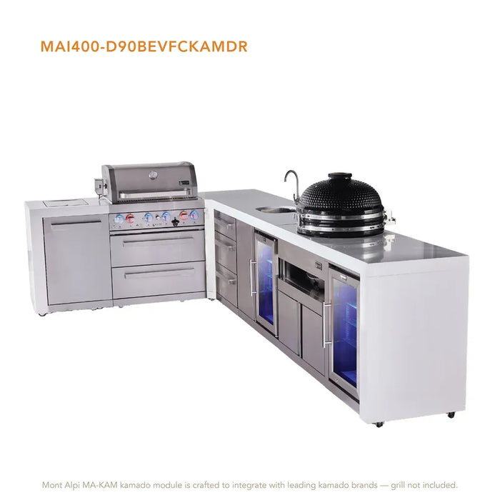 Mont Alpi Mont Alpi 4 Burner L-Shaped Deluxe Series Outdoor Kitchen Island with a Beverage Center, Kamado Module, Corner Fridge, and Extra Storage Drawers Slide Cabinet MAi400-D90BEVFCKAMDR Barbecue Finished - Gas