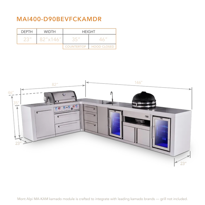 Mont Alpi Mont Alpi 4 Burner L-Shaped Deluxe Series Outdoor Kitchen Island with a Beverage Center, Kamado Module, Corner Fridge, and Extra Storage Drawers Slide Cabinet MAi400-D90BEVFCKAMDR Barbecue Finished - Gas
