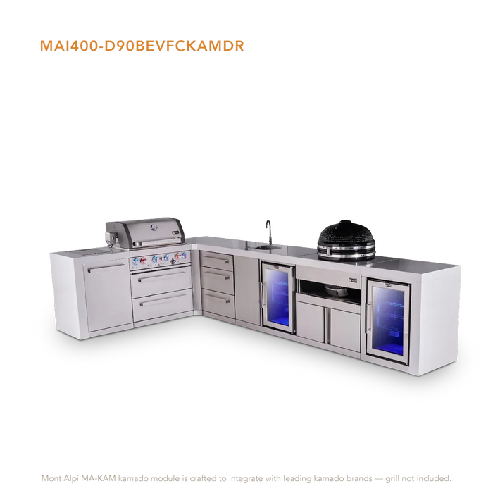 Mont Alpi Mont Alpi 4 Burner L-Shaped Deluxe Series Outdoor Kitchen Island with a Beverage Center, Kamado Module, Corner Fridge, and Extra Storage Drawers Slide Cabinet MAi400-D90BEVFCKAMDR Barbecue Finished - Gas