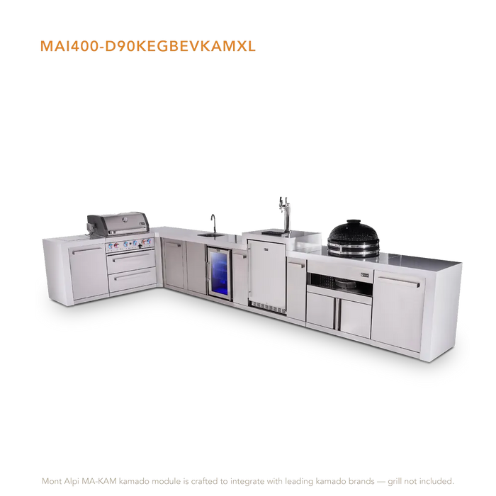 Mont Alpi Mont Alpi 4 Burner L-Shaped Deluxe Series Outdoor Kitchen Island with a Beverage Center, Kegerator, Kamado Module, and Extra Storage Cabinet MAi400-D90KEGBEVKAMXL Barbecue Finished - Gas
