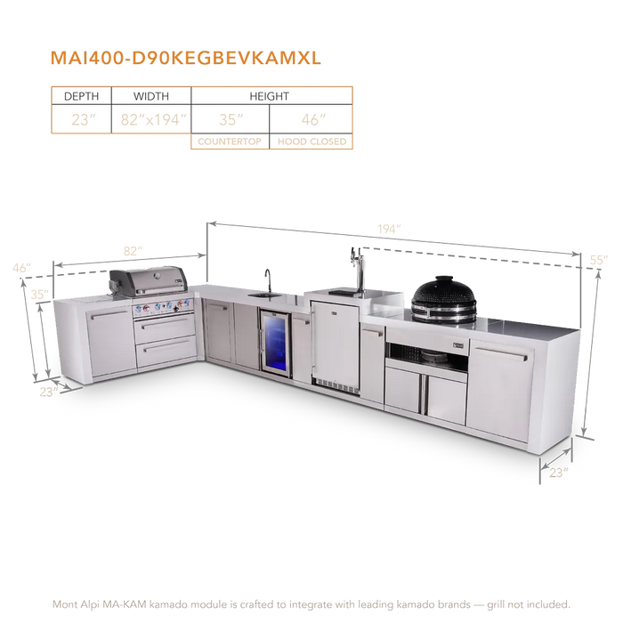 Mont Alpi Mont Alpi 4 Burner L-Shaped Deluxe Series Outdoor Kitchen Island with a Beverage Center, Kegerator, Kamado Module, and Extra Storage Cabinet MAi400-D90KEGBEVKAMXL Barbecue Finished - Gas