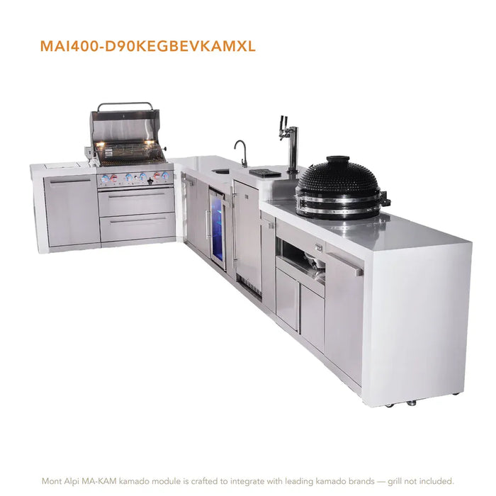 Mont Alpi Mont Alpi 4 Burner L-Shaped Deluxe Series Outdoor Kitchen Island with a Beverage Center, Kegerator, Kamado Module, and Extra Storage Cabinet MAi400-D90KEGBEVKAMXL Barbecue Finished - Gas
