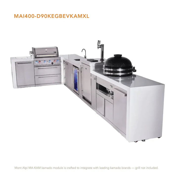 Mont Alpi Mont Alpi 4 Burner L-Shaped Deluxe Series Outdoor Kitchen Island with a Beverage Center, Kegerator, Kamado Module, and Extra Storage Cabinet MAi400-D90KEGBEVKAMXL Barbecue Finished - Gas