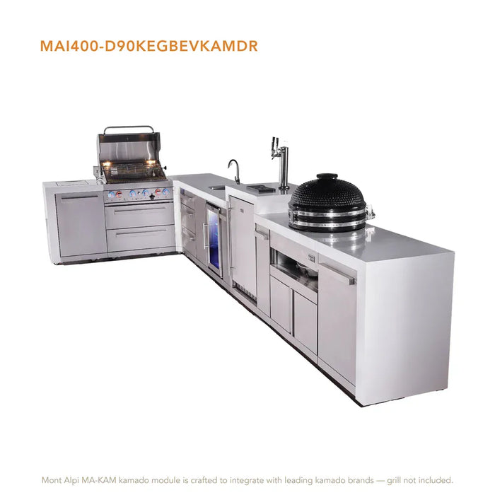 Mont Alpi Mont Alpi 4 Burner L-Shaped Deluxe Series Outdoor Kitchen Island with a Beverage Center, Kegerator, Kamado Module, and Extra Storage Drawer Slides Cabinet MAi400-D90KEGBEVKAMDR Barbecue Finished - Gas