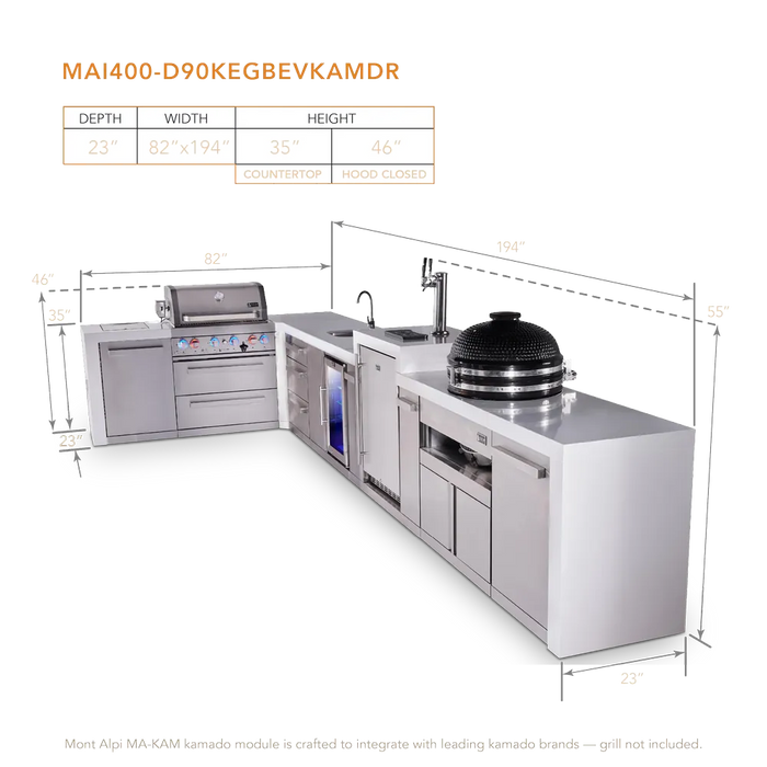 Mont Alpi Mont Alpi 4 Burner L-Shaped Deluxe Series Outdoor Kitchen Island with a Beverage Center, Kegerator, Kamado Module, and Extra Storage Drawer Slides Cabinet MAi400-D90KEGBEVKAMDR Barbecue Finished - Gas