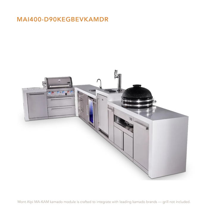 Mont Alpi Mont Alpi 4 Burner L-Shaped Deluxe Series Outdoor Kitchen Island with a Beverage Center, Kegerator, Kamado Module, and Extra Storage Drawer Slides Cabinet MAi400-D90KEGBEVKAMDR Barbecue Finished - Gas