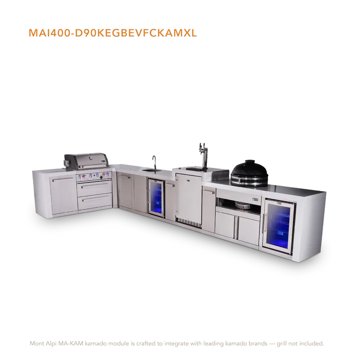 Mont Alpi Mont Alpi 4 Burner L-Shaped Deluxe Series Outdoor Kitchen Island with a Beverage Center, Kegerator, Kamado Module, Corner Fridge, and Extra Storage Cabinet MAi400-D90KEGBEVFCKAMXL Barbecue Finished - Gas