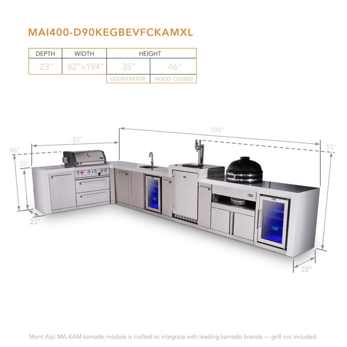Mont Alpi Mont Alpi 4 Burner L-Shaped Deluxe Series Outdoor Kitchen Island with a Beverage Center, Kegerator, Kamado Module, Corner Fridge, and Extra Storage Cabinet MAi400-D90KEGBEVFCKAMXL Barbecue Finished - Gas
