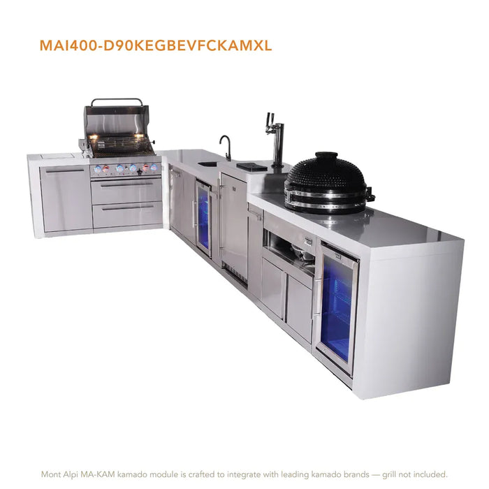 Mont Alpi Mont Alpi 4 Burner L-Shaped Deluxe Series Outdoor Kitchen Island with a Beverage Center, Kegerator, Kamado Module, Corner Fridge, and Extra Storage Cabinet MAi400-D90KEGBEVFCKAMXL Barbecue Finished - Gas