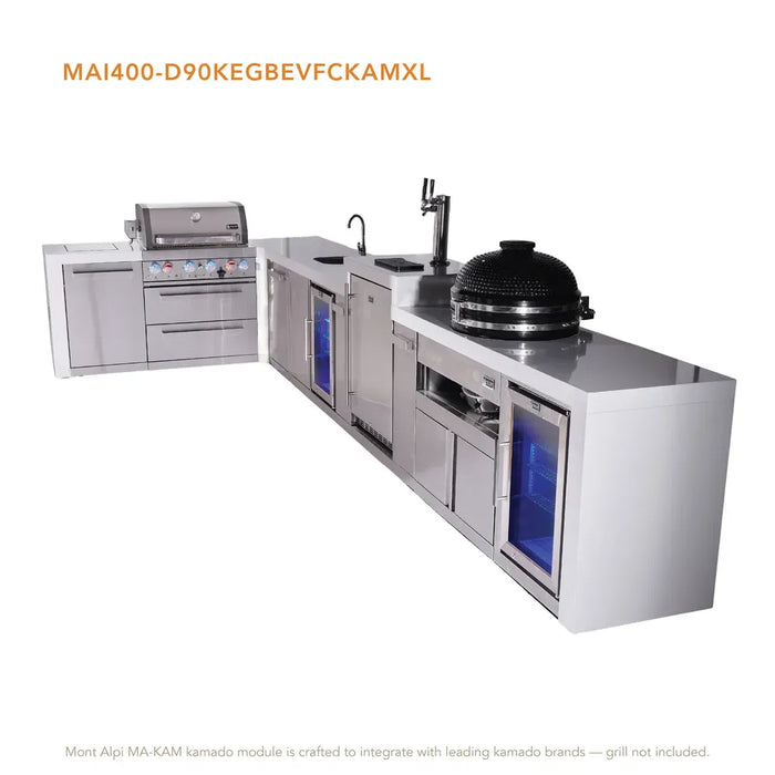 Mont Alpi Mont Alpi 4 Burner L-Shaped Deluxe Series Outdoor Kitchen Island with a Beverage Center, Kegerator, Kamado Module, Corner Fridge, and Extra Storage Cabinet MAi400-D90KEGBEVFCKAMXL Barbecue Finished - Gas