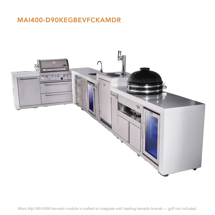 Mont Alpi Mont Alpi 4 Burner L-Shaped Deluxe Series Outdoor Kitchen Island with a Beverage Center, Kegerator, Kamado Module, Corner Fridge, and Extra Storage Drawer Slides Cabinet MAi400-D90KEGBEVFCKAMDR Barbecue Finished - Gas